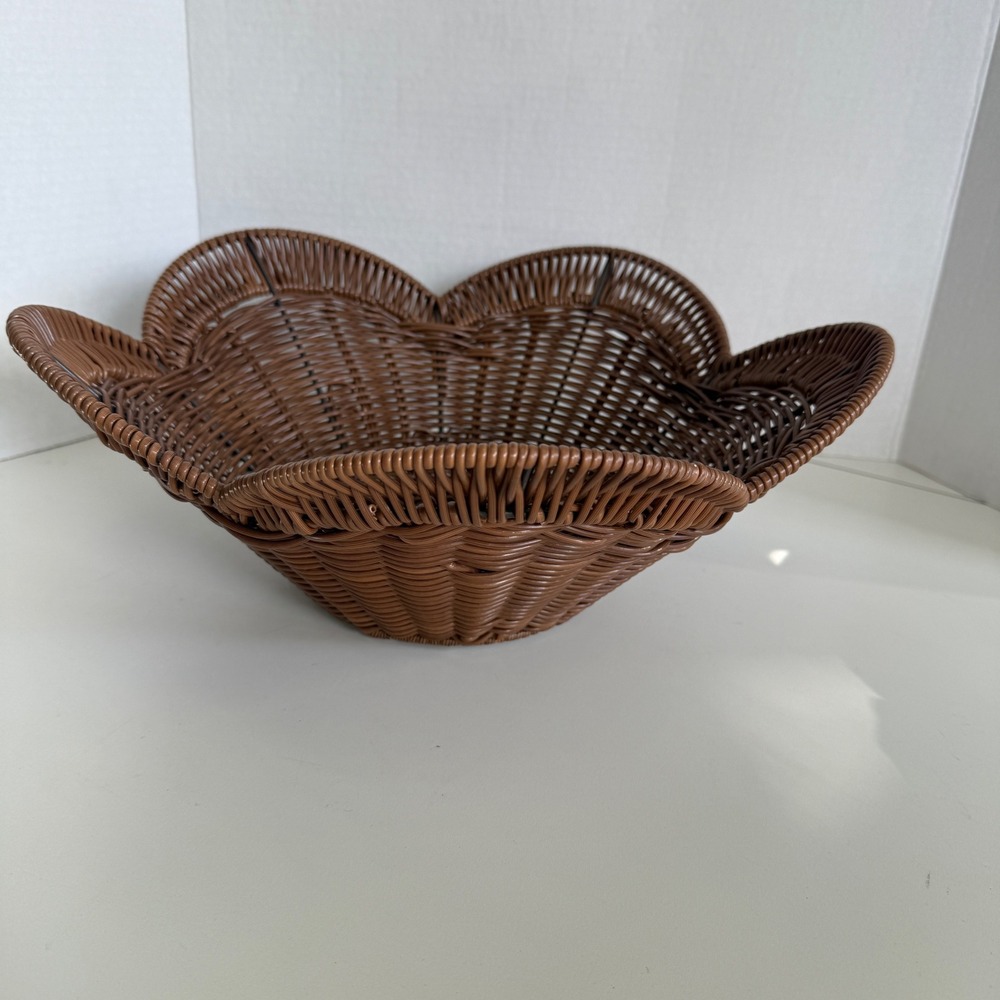 Brown Woven Scalloped Flower Basket Decorative Faux Wicker Fruit Bowl 14 Inch